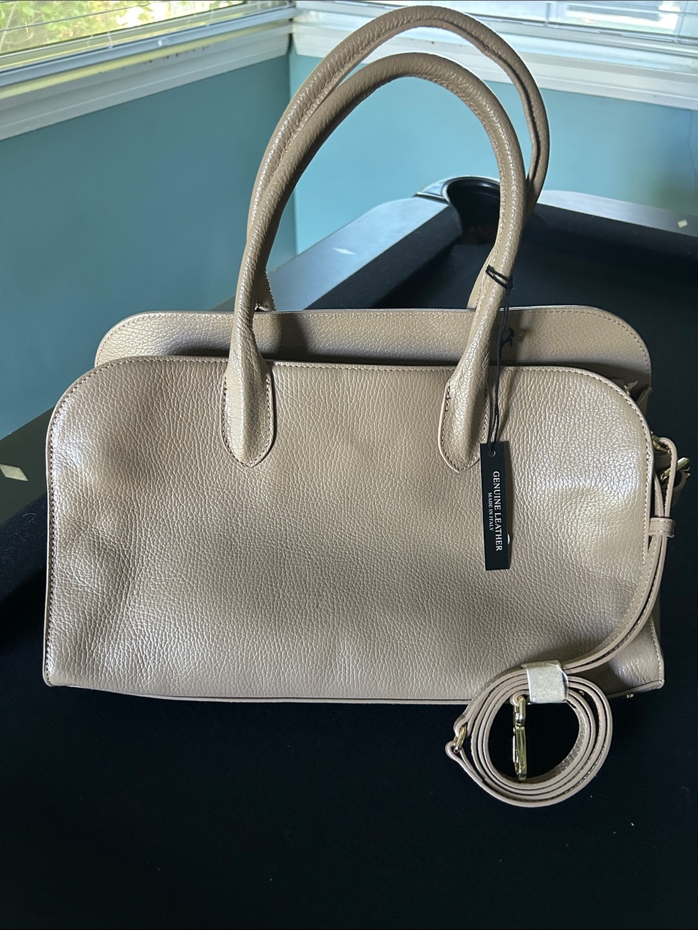 Claudia Italian Leather Satchel Handbag in Taupe with crossbody strap